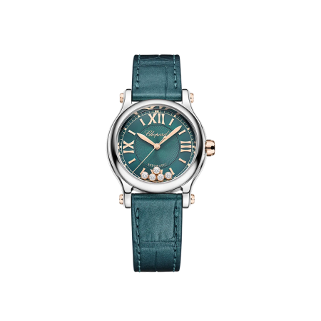 Happy Sport 30 mm, automatique, or rose éthique, Lucent Steel™, diamants